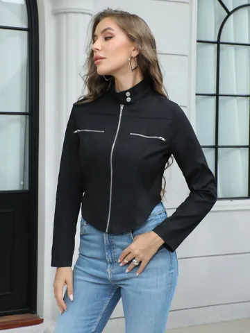 Giacca da Donna Casual Nera con Collo Rialzato Cerniera Orlo Irregolare Dark Style Streetwear Moto Biker Manica Lunga Slim Fit Top