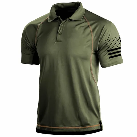 Men's Outdoor Tactical Polo Shirt Breathable Polyester Short Sleeve Top With US Flag Print Raglan Sleeve Sporty Polo Shirt
