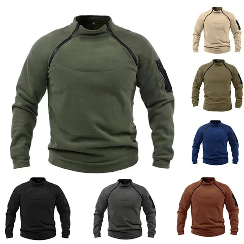 Herren Taktisch Stehkragen Sweatshirt Doppelter Seitlicher Reißverschluss Fleece Waffle Outdoor Pullover Einfarbig Langarm Top