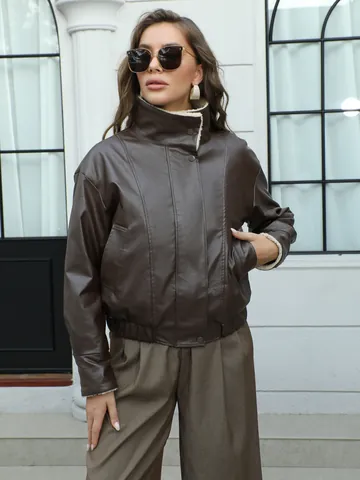 Women American Vintage Faux Leather Jacket Winter Thickened Sherpa Lined Biker Jacket Loose Short Coat Top For Women