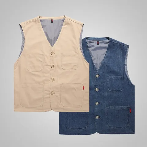 Gilet da Uomo Outdoor Multi-Tasca Casual in Denim Smanicato Scollo a V Abbottonato Utility Top Giacca da Lavoro per Escursionismo