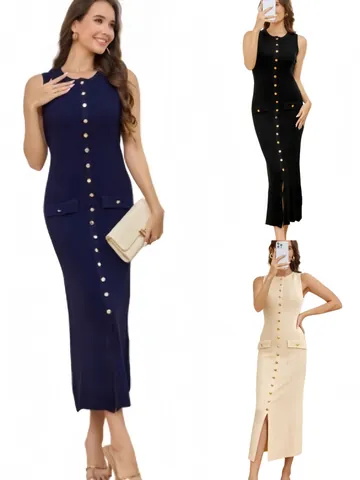 Women Round Neck Sleeveless Knit Dress Button Slit Slim Fit Bodycon Maxi Ribbed Long Dress Elegant Office Party Summer Clothing