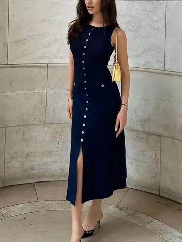 Women Round Neck Sleeveless Knit Dress Button Slit Slim Fit Bodycon Maxi Ribbed Long Dress Elegant Office Party Summer Clothing