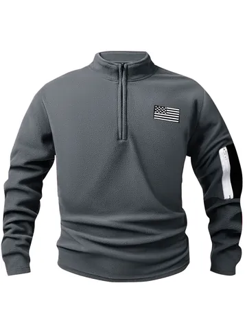 Men Half Zip Polar Fleece Sweatshirt Loose American Flag Patch Outdoor Casual Stand Collar Long Sleeve Pullover Top
