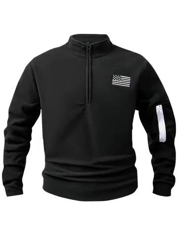 Men Half Zip Polar Fleece Sweatshirt Loose American Flag Patch Outdoor Casual Stand Collar Long Sleeve Pullover Top