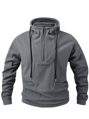 Men's Polar Fleece Hooded Sweatshirt American Vintage Loose Quarter Zip Pullover Thick Warm Autumn Winter Hoodie Top
