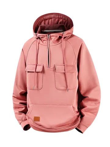 Felpa con Cappuccio Retro da Uomo Tinta Unita Multi-Tasca Patchwork Vestibilità Larga Casual Sport Pullover Mezza Zip Top
