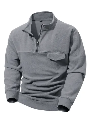 Herren Casual Polar Fleece Sweatshirt Halber Reißverschluss Stehkragen Langarm Top Einfarbig Winter Warm Sportlich Pullover