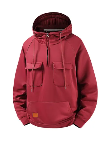 Felpa con Cappuccio Retro da Uomo Tinta Unita Multi-Tasca Patchwork Vestibilità Larga Casual Sport Pullover Mezza Zip Top