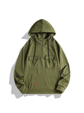 Sudadera con Capucha de Felpa Pesada Retro Americano para Hombre con Media Cremallera y Bolsillos Cargo Top Casual Cálido