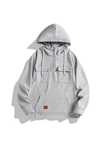 Sudadera con Capucha de Felpa Pesada Retro Americano para Hombre con Media Cremallera y Bolsillos Cargo Top Casual Cálido