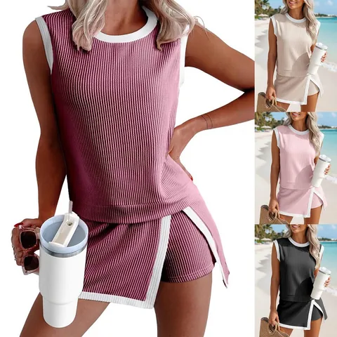 Women Ribbed Knit Two Piece Top And Bottom Sleeveless Round Neck T-Shirt And Side Split Shorts Set Contrast Binding Summer Casual Activewear