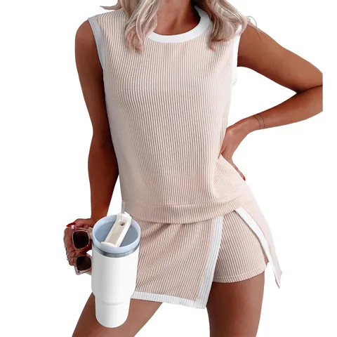 Women Ribbed Knit Two Piece Top And Bottom Sleeveless Round Neck T-Shirt And Side Split Shorts Set Contrast Binding Summer Casual Activewear
