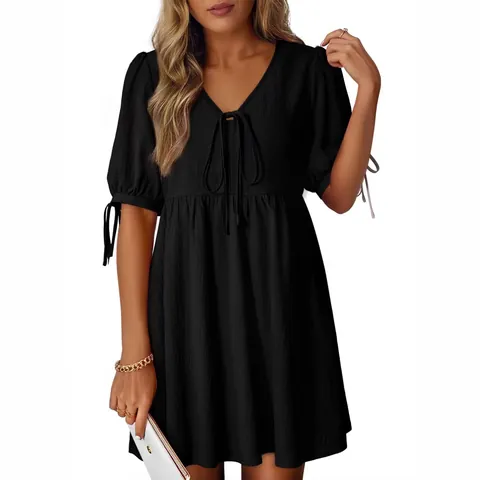 Women Casual Solid Color V-Neck Tie Puff Sleeve Dress Loose A-Line Mini Dress Elegant Summer Apricot Yellow Black Dress