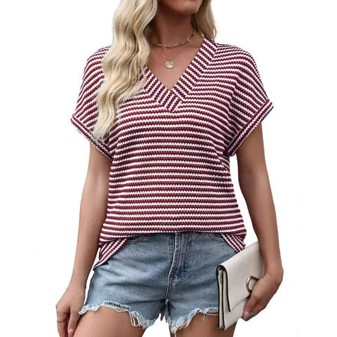Women's Casual V-Neck Striped Pineapple Grid T-Shirt Loose Short Sleeve Knitted Top For Summer Daily Outdoor Wear