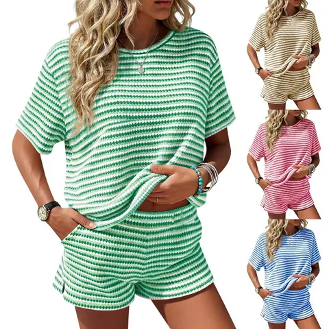 Conjunto a Rayas para Mujer Manga Corta Cuello Redondo Top And Bottom Pantalones Cortos Casuales de Verano con Abertura para Playa Viaje