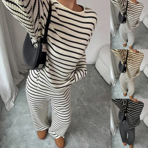 Completo Donna Casual a Righe Top And Bottom Maglia Girocollo Manica Lunga e Pantaloni a Gamba Larga Co-ords Loungewear