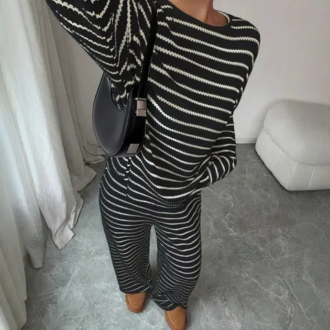 Completo Donna Casual a Righe Top And Bottom Maglia Girocollo Manica Lunga e Pantaloni a Gamba Larga Co-ords Loungewear