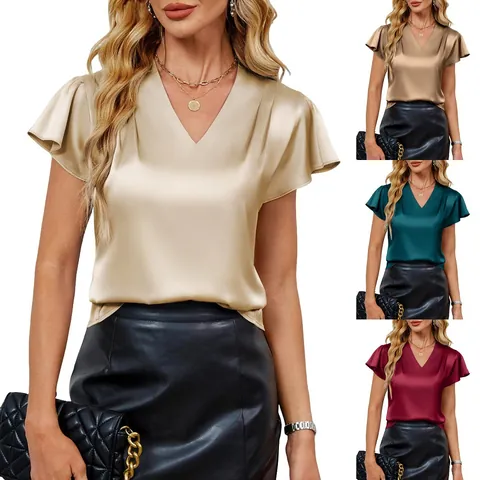 Women's Elegant V-Neck Satin Blouse Ruffled Short Sleeve Pleated Casual Top Silky Work Shirt For Commute Summer Fashion