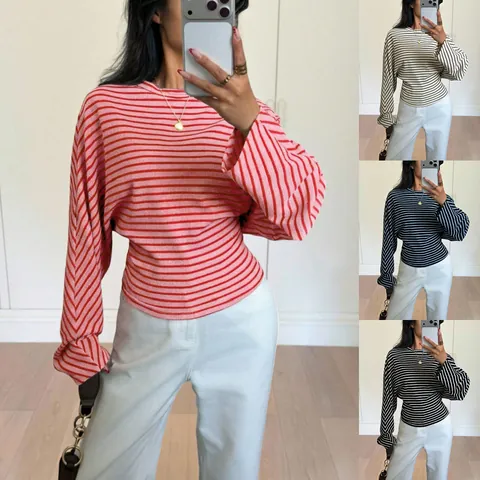 Women Striped Batwing Long Sleeve T-Shirt Elegant Round Neck Waffle Knit Top Slimming Casual Urban Fashion Apparel