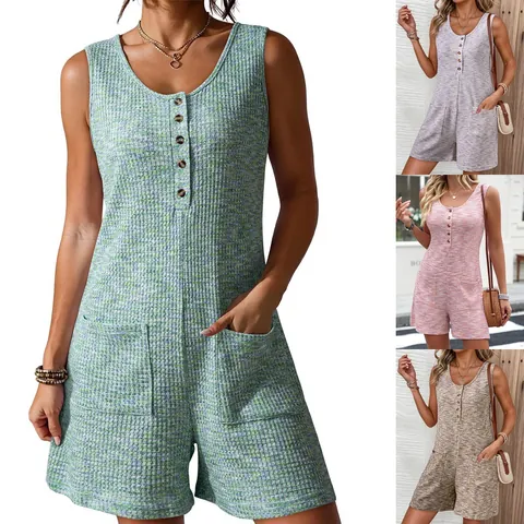 Women's Casual Waffle Knit Sleeveless Romper Loose Fit Round Neck Button Front Jumpsuit With Pockets Summer Beach Short Jumpsuit