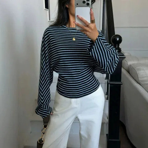 Women Striped Batwing Long Sleeve T-Shirt Elegant Round Neck Waffle Knit Top Slimming Casual Urban Fashion Apparel