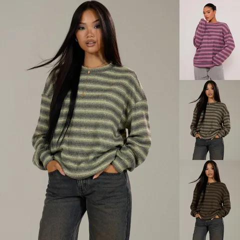 Women Oversized Striped Sweatshirt Round Neck Loose Long Sleeve Knitted Waffle Pullover Casual Streetwear Autumn Top