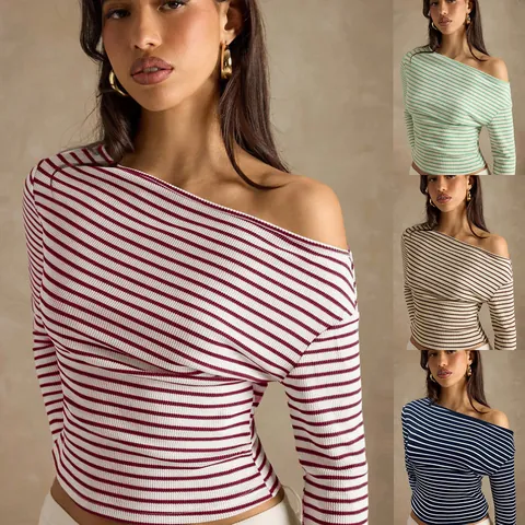 Women's Casual Knitted Off-Shoulder Striped Long Sleeve T-Shirt Slim Fit Waffle Top For Autumn Travel Fashion Streetwear