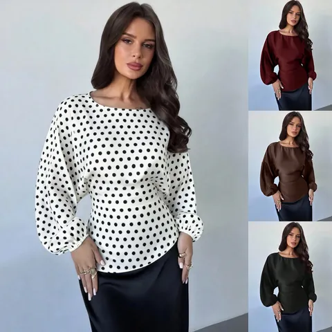 Women Elegant Satin Blouse Batwing Long Sleeve Round Neck Polka Dot Waist Tie Loose Top Office Party Commute Shirts