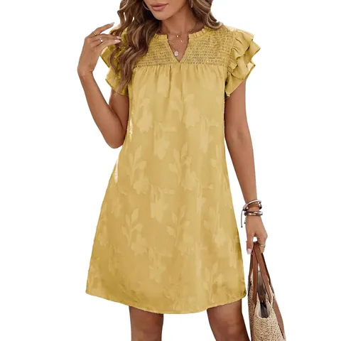 Women V Neck Double Ruffle Sleeve Smocked Floral Jacquard Mini Dress Summer Casual Loose A-Line Short Dress Sundress Vestidos
