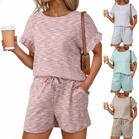 Donna Maglia a Nido d'Ape Volant Manica Corta Girocollo Colorato Sopra E Sotto Estate Casual Loungewear Outfit Streetwear Co-ord