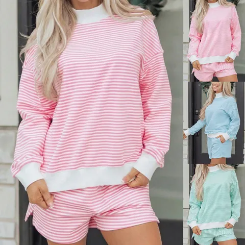 Women Oversized Striped Cotton Sweatshirt Top And Bottom Casual Loose Long Sleeve Pullover With Shorts Sporty Lounge Set