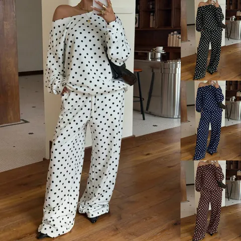 Women Casual Polka Dot Printed Top And Bottom Long Sleeve Off Shoulder Sweatshirt And Wide Leg Pants Lounge Outfit