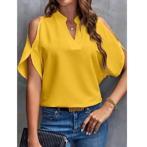 Women Casual V-Neck Cold Shoulder Chiffon Blouse Loose Polyester Solid Color Half Sleeve Top Breathable Summer Clothing