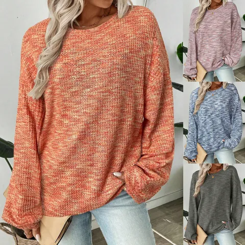 Fashion Colorful Waffle Knit Oversized Long Sleeve T-Shirt Casual Round Neck Drop Shoulder Spring Autumn Women Top Tee
