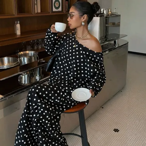 Women Casual Polka Dot Printed Top And Bottom Long Sleeve Off Shoulder Sweatshirt And Wide Leg Pants Lounge Outfit