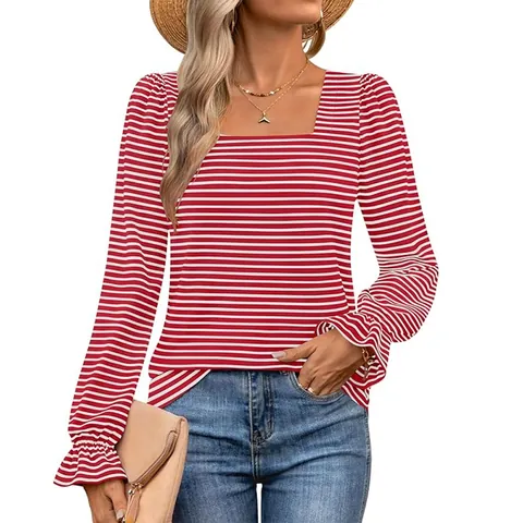 Women Casual Square Neck Striped T-Shirt Ruffle Long Sleeve Pullover Autumn Winter Fashion Sweet Slim Fit Basic Tee Top