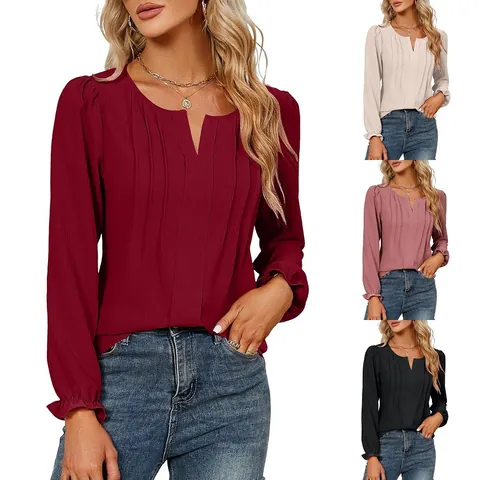 Women's V Neck Long Sleeve Chiffon Blouse Pintuck Pleated Solid Color Regular Fit Top Casual Ruffle Cuffs Polyester Blouse