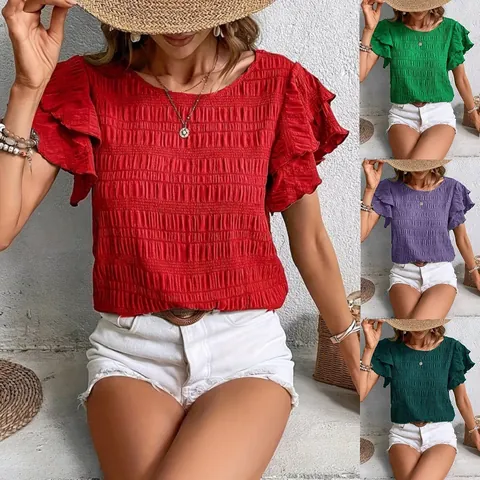 Women's Smocked Texture Ruffle Sleeve Blouse Summer Round Neck Solid Color Casual Top Elegant Double Flutter Sleeve Shirt
