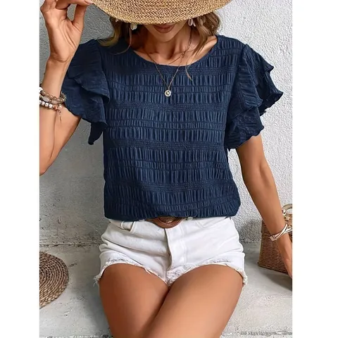 Women's Smocked Texture Ruffle Sleeve Blouse Summer Round Neck Solid Color Casual Top Elegant Double Flutter Sleeve Shirt