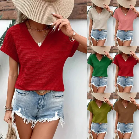 Women's Summer Casual V-Neck Short Sleeve T-Shirt Loose Fit Pleated Textured Solid Color Fashion Polyester Top