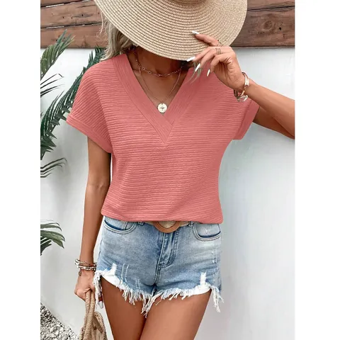 Women's Summer Casual V-Neck Short Sleeve T-Shirt Loose Fit Pleated Textured Solid Color Fashion Polyester Top