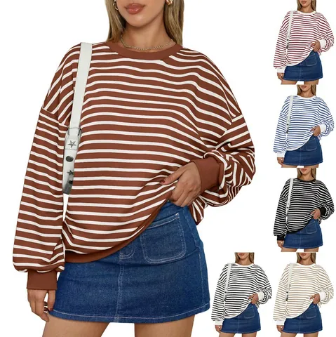 Γυναικείο Oversized Ριγέ Φούτερ Y2K Μόδα Μακρύ Μανίκι Στρογγυλή Λαιμόκοψη Πουλόβερ από Μείγμα Βαμβακιού Casual Χαλαρό Τοπ