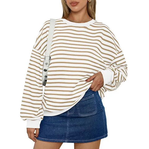 Γυναικείο Oversized Ριγέ Φούτερ Y2K Μόδα Μακρύ Μανίκι Στρογγυλή Λαιμόκοψη Πουλόβερ από Μείγμα Βαμβακιού Casual Χαλαρό Τοπ
