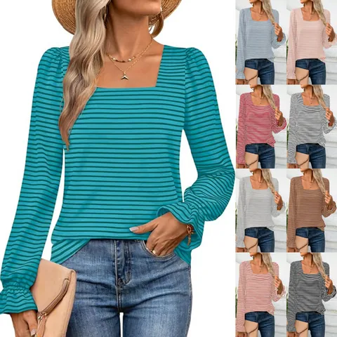 Women Casual Square Neck Striped T-Shirt Ruffle Long Sleeve Pullover Autumn Winter Fashion Sweet Slim Fit Basic Tee Top