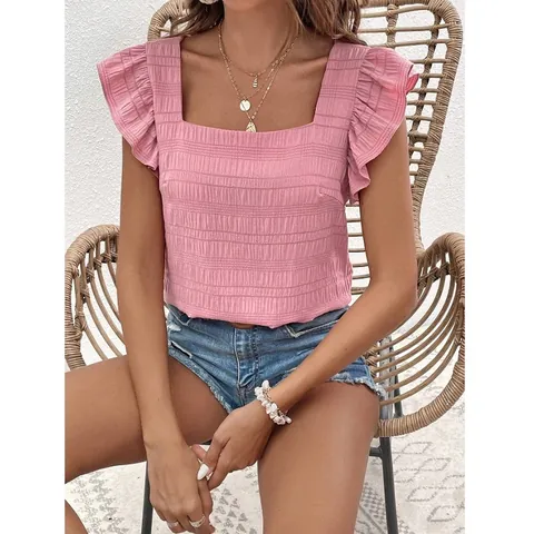 Women Square Neck Ruffle Sleeve Blouse Smocked Texture Solid Color Summer Fashion Casual Top Elegant Flutter Sleeve Shirt