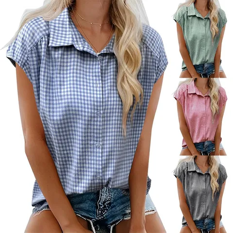 Camisa de Cuadros para Mujer Casual de Manga Corta con Cuello de Solapa Blusa Gingham Estilo Urbano Verano Uso Diario Top