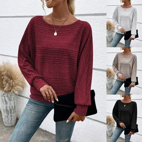 Women's Autumn Winter Ribbed Round Neck Batwing Sleeve Top Casual Loose Viscose Polyester Blend Long Sleeve Top For Women