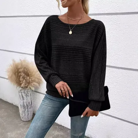 Women's Autumn Winter Ribbed Round Neck Batwing Sleeve Top Casual Loose Viscose Polyester Blend Long Sleeve Top For Women