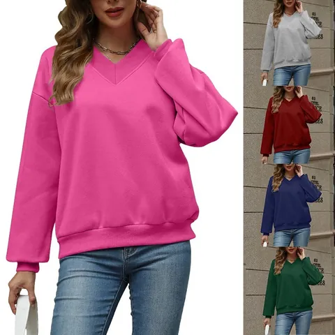 Sweatshirt Oversize Femme Décontracté Col en V Doublé Polaire Mélange Coton Manches Longues Pull Top Automne Hiver